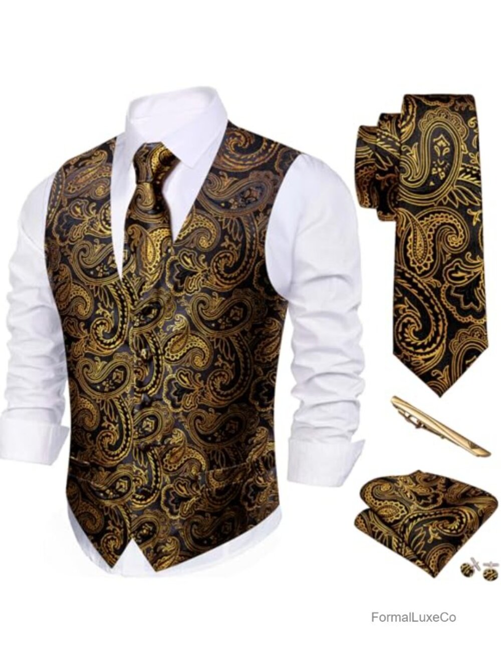 Men's Formal Suit Vest Set with 85% Silk 15% Polyester Tie Pocket Square